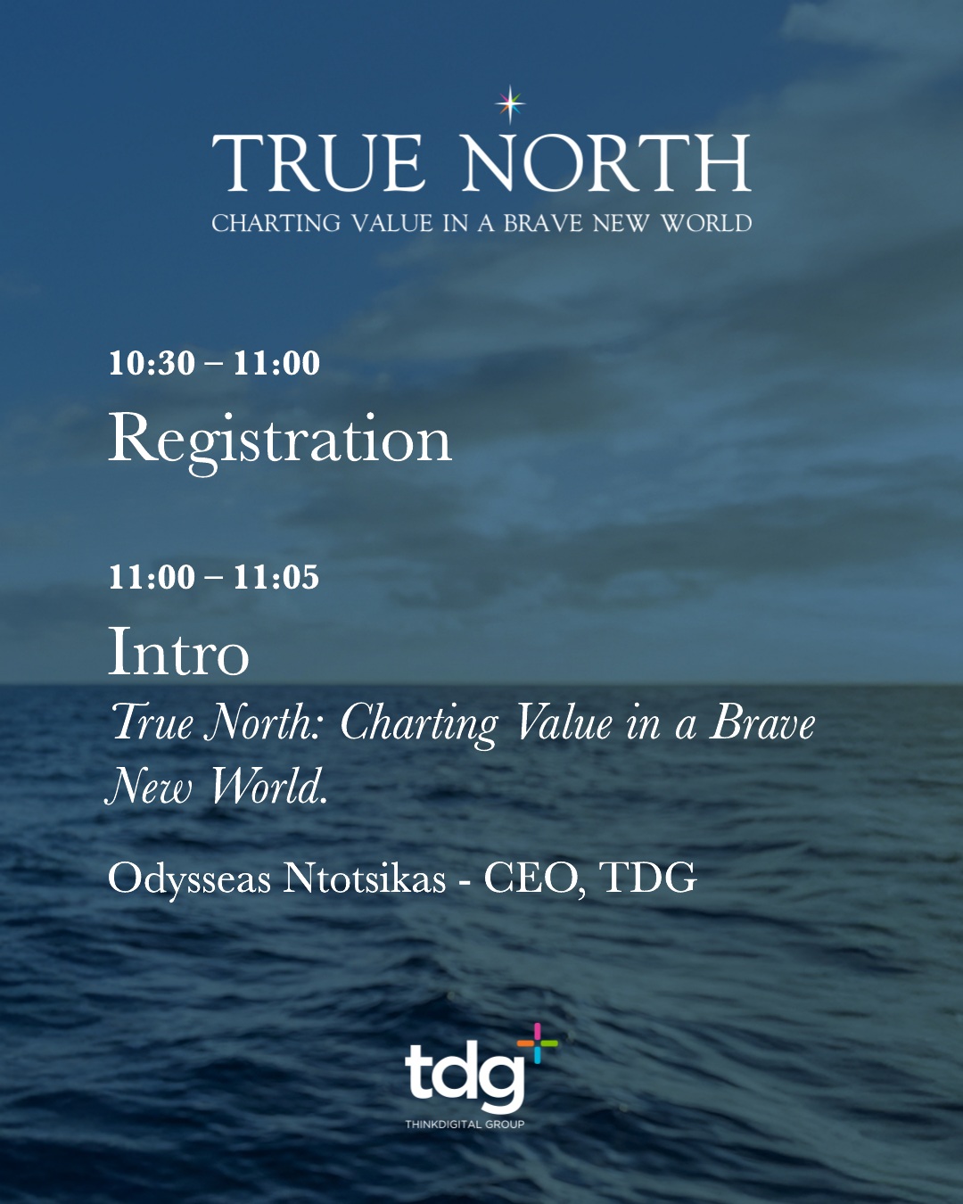 TDG True North agenda carousel, page 2: Registration and introduction.
