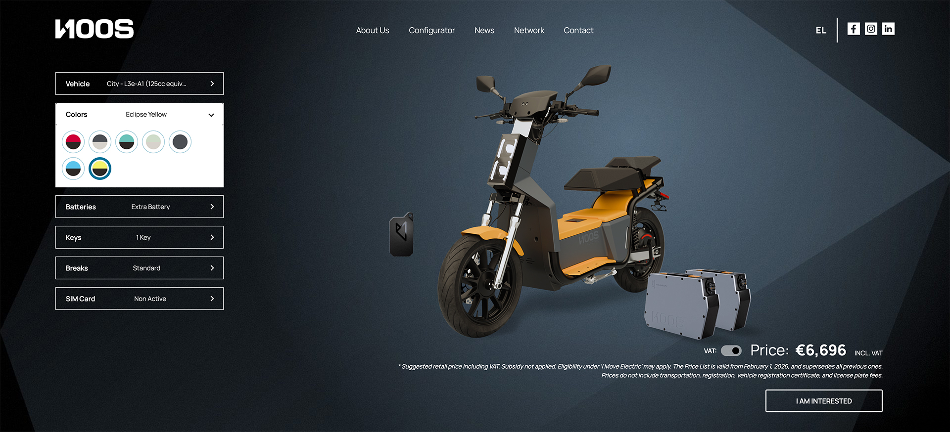 NOOS custom configurator showing scooter colour, battery and equipment options, pricing, and an enquiry button