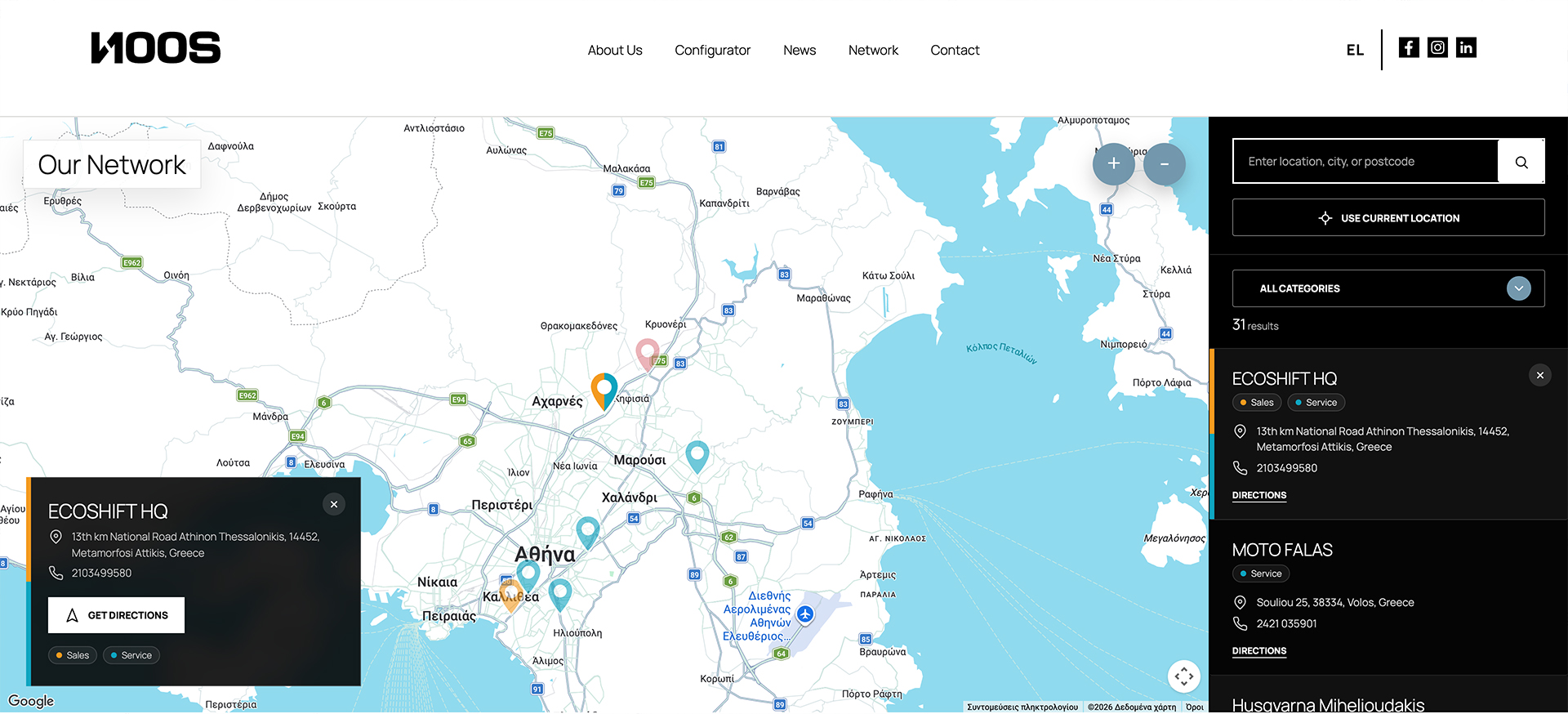 NOOS interactive partner network with location search, category filtering, map markers, and selected partner details