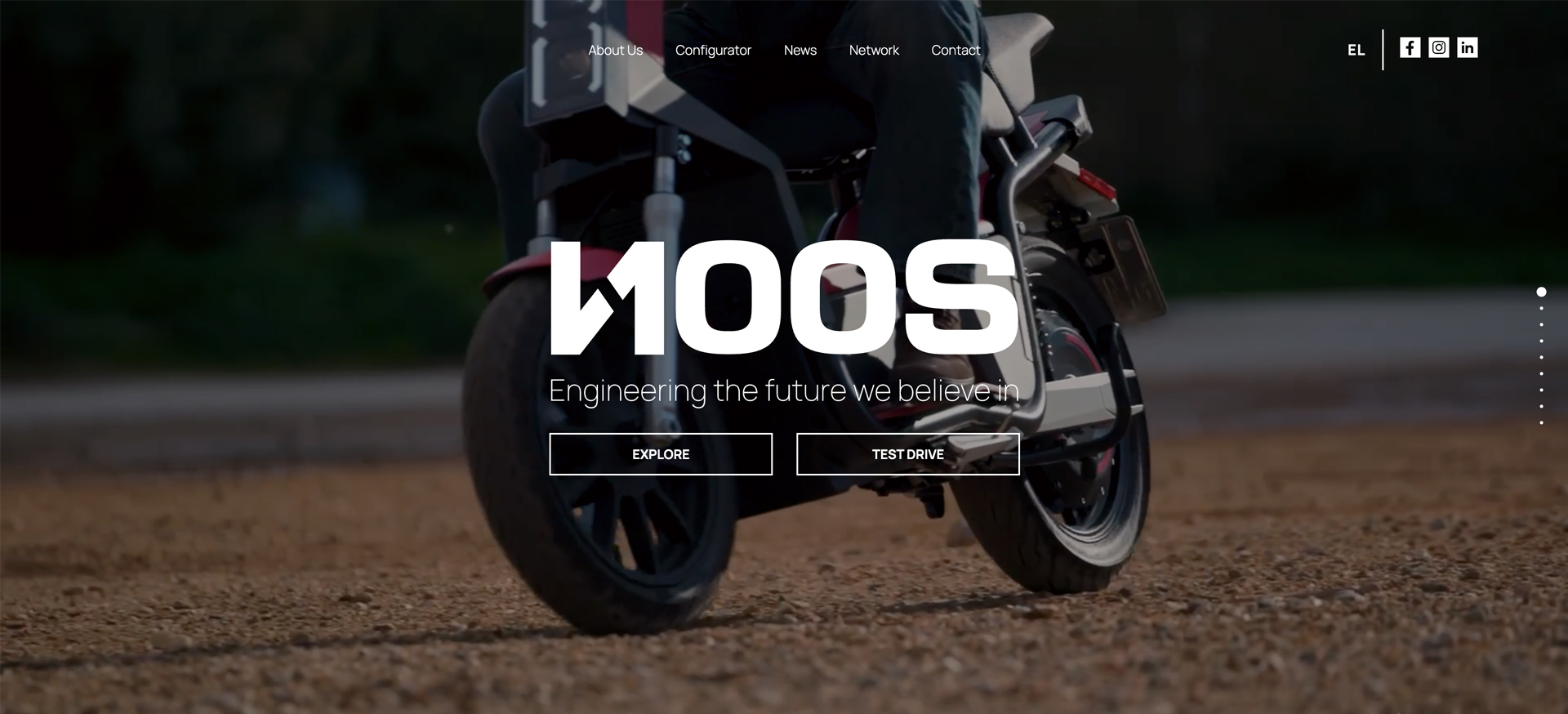 NOOS homepage opening screen with a rider on the scooter and Explore and Test Drive links