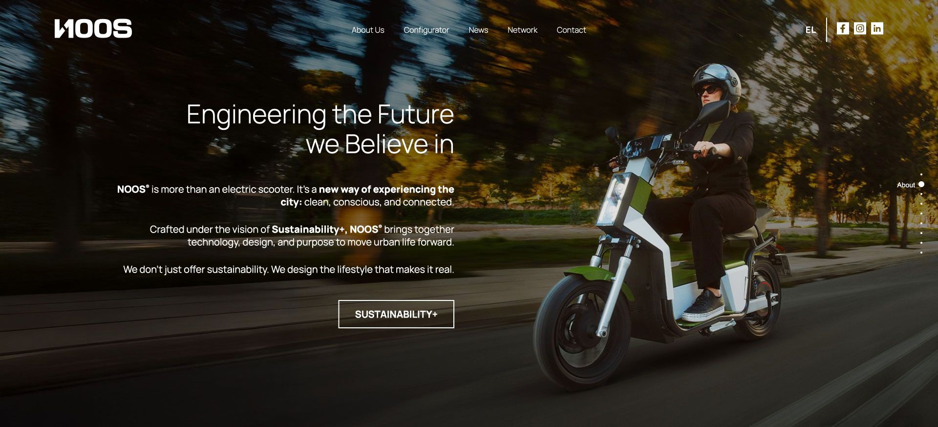 NOOS homepage brand vision and Sustainability+ section with urban riding photography