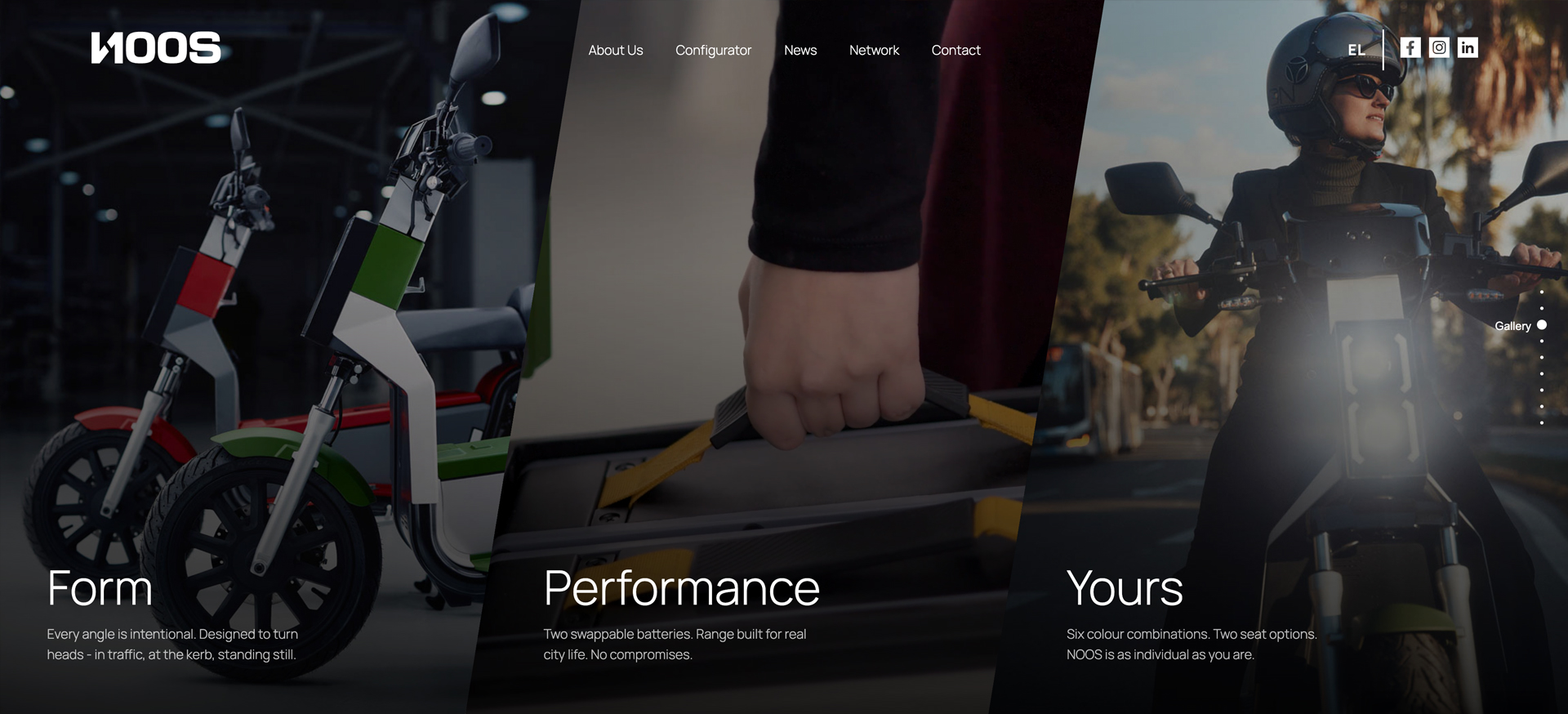 NOOS homepage gallery presenting scooter form, battery performance, and personalisation in three panels