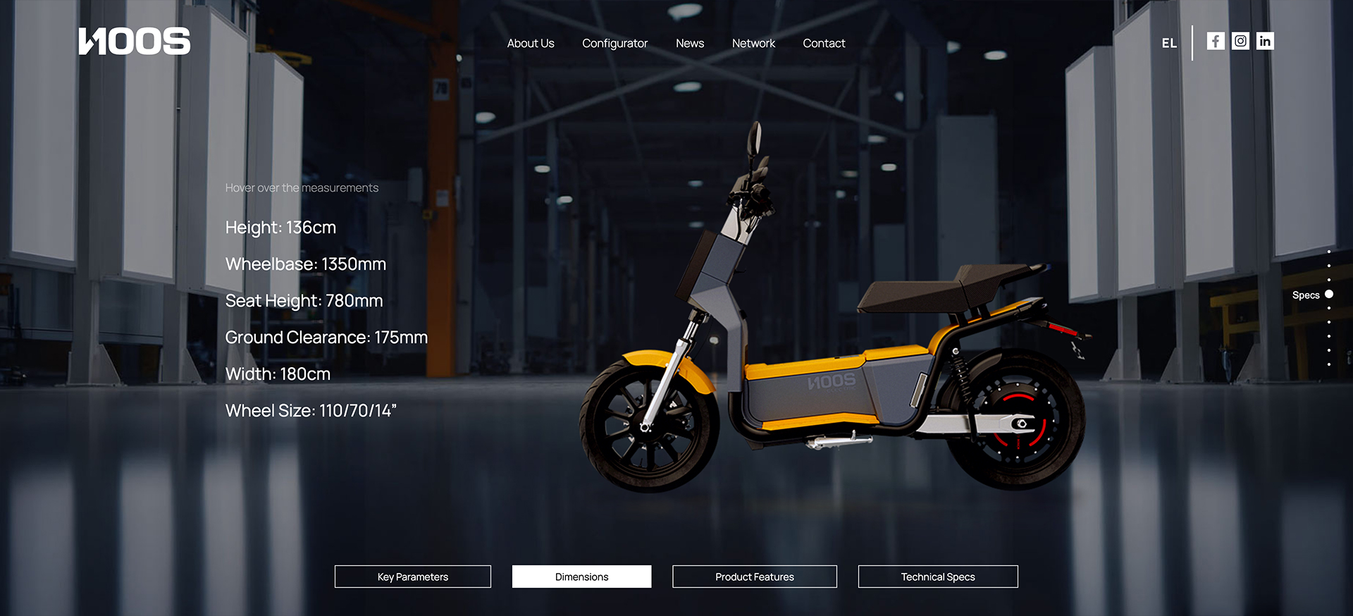 NOOS interactive specifications section showing scooter dimensions and tabs for key parameters, features, and technical specifications