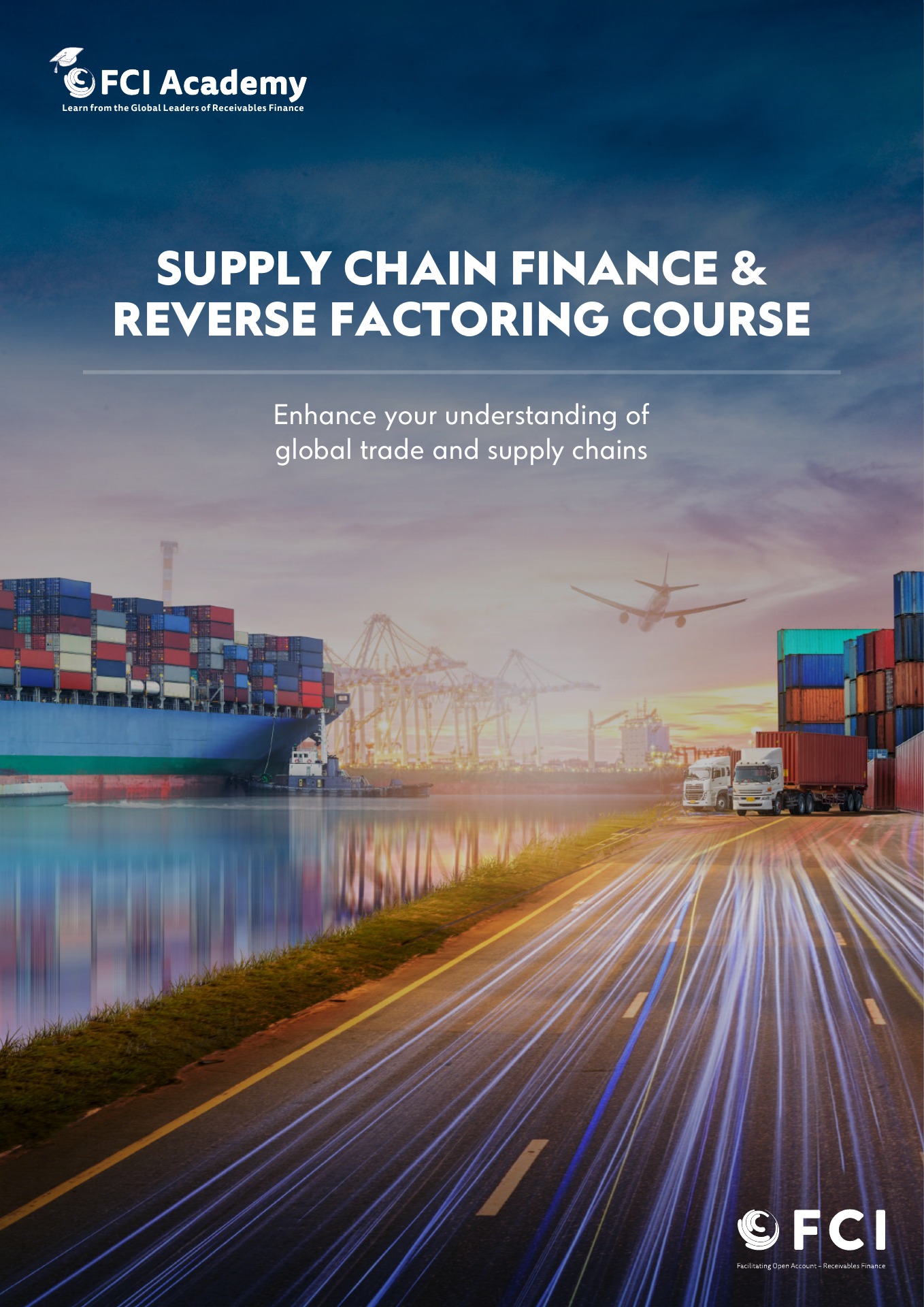 FCI Academy course leaflet cover with transport and shipping imagery.