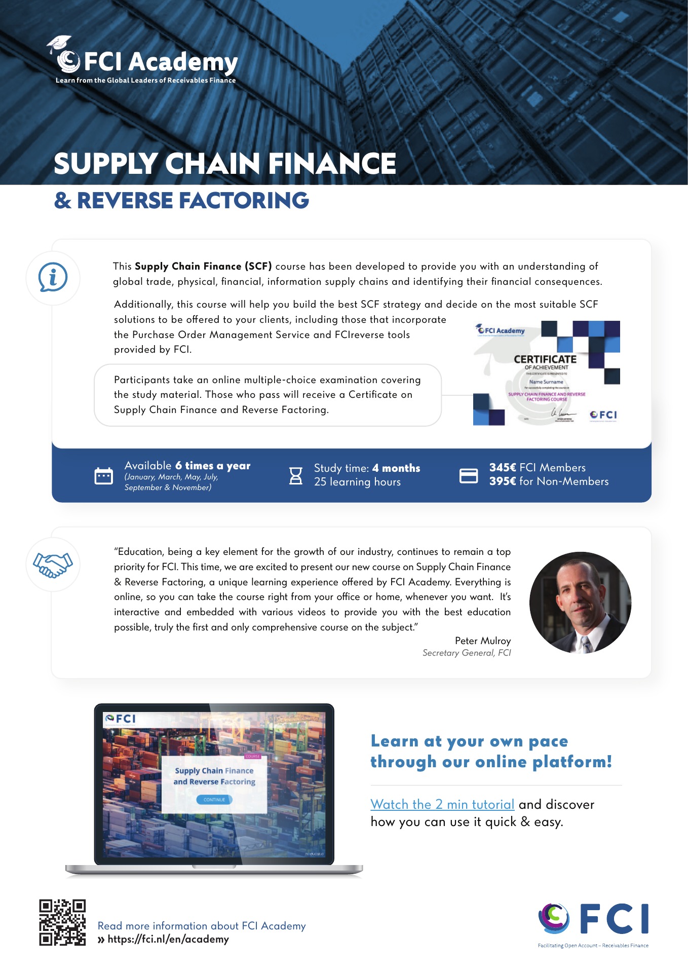 FCI Academy leaflet page presenting the course overview, practical details and online learning platform.