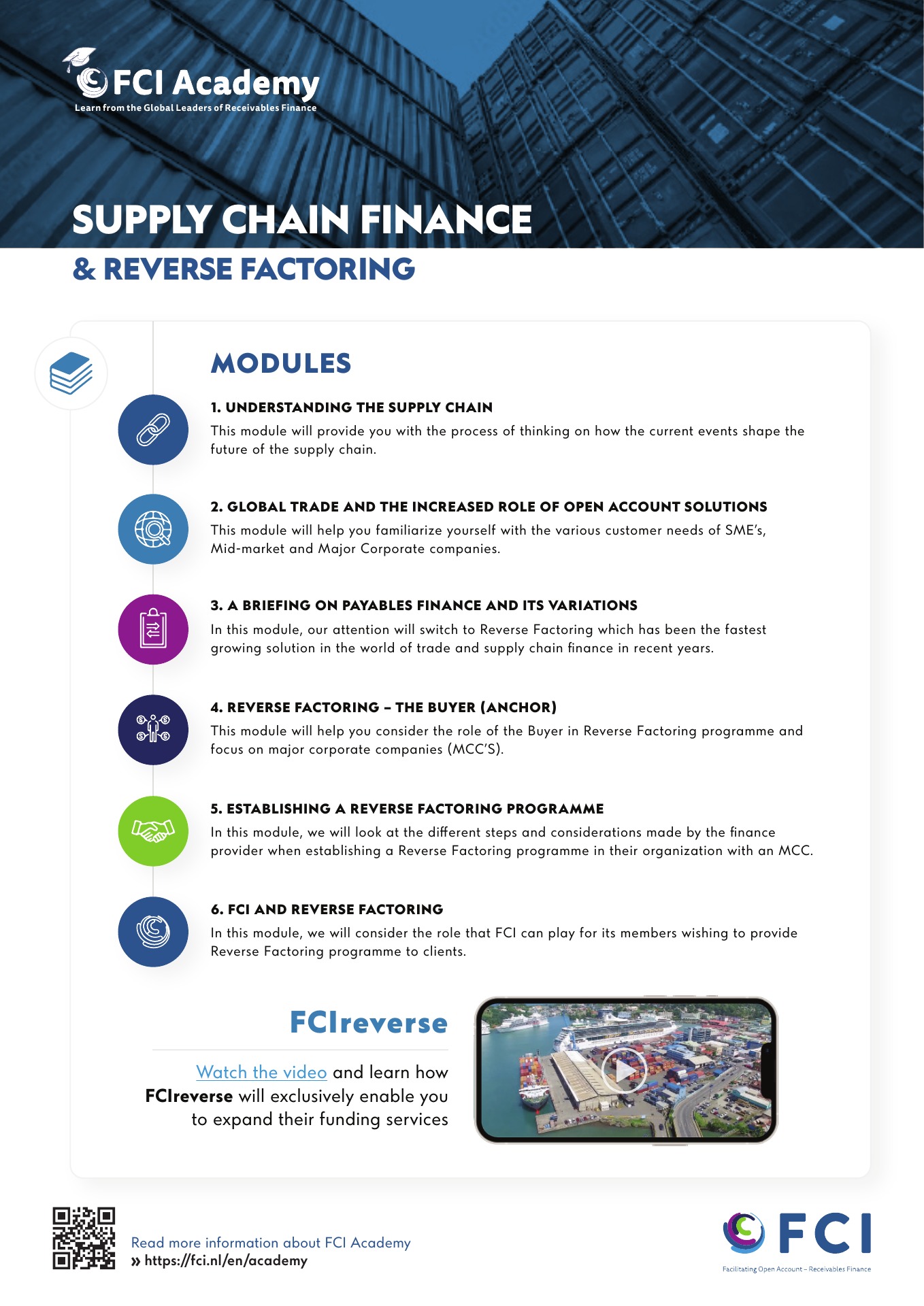 FCI Academy leaflet page organising six course modules with coloured icons.