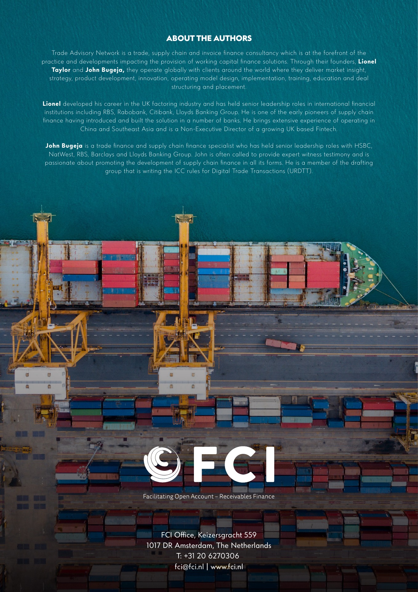 FCI course leaflet back cover with author information above an aerial container-ship photograph.