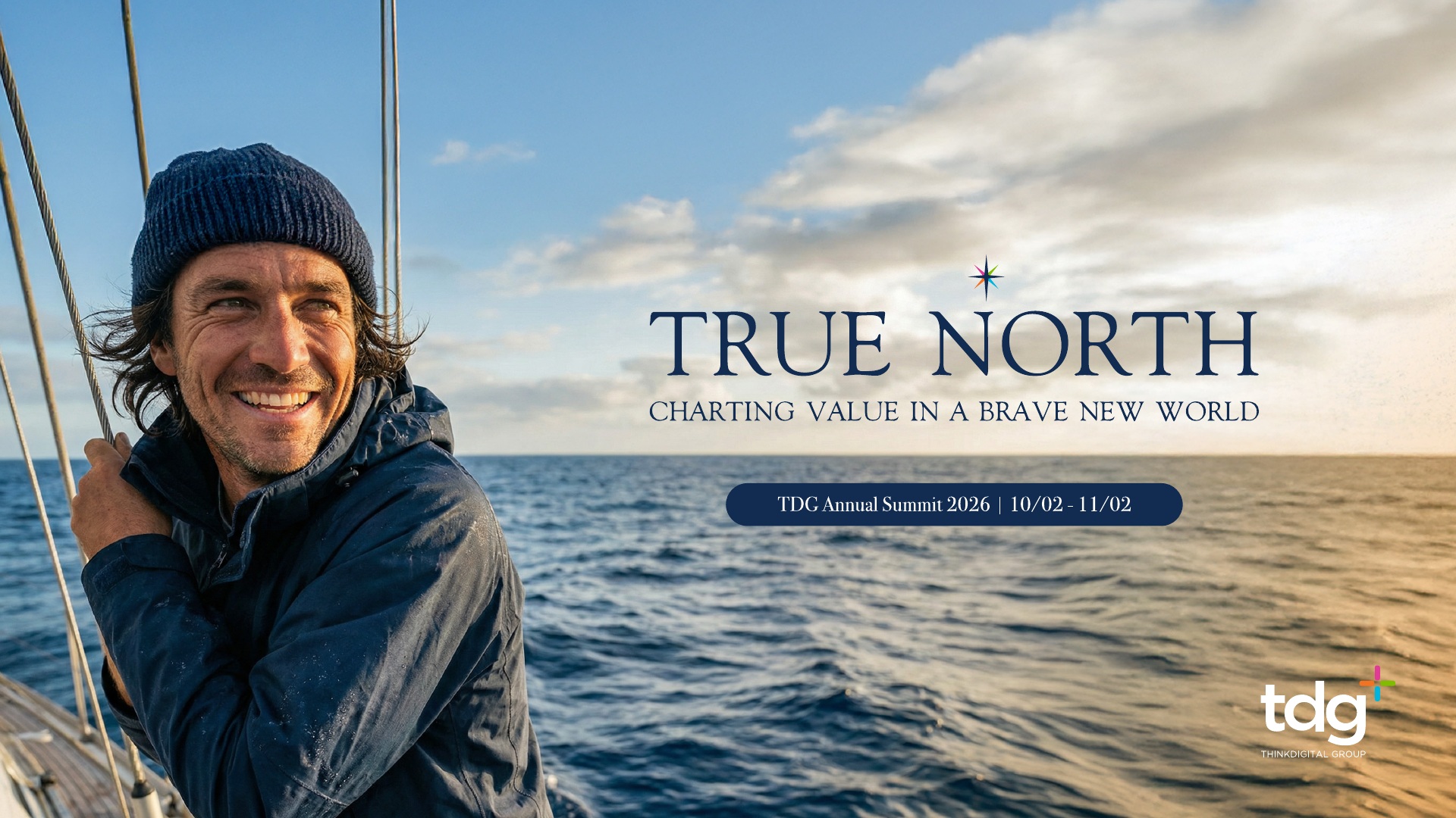 TDG True North summit key visual featuring a man aboard a sailboat, open sea and the event title beneath a compass star.