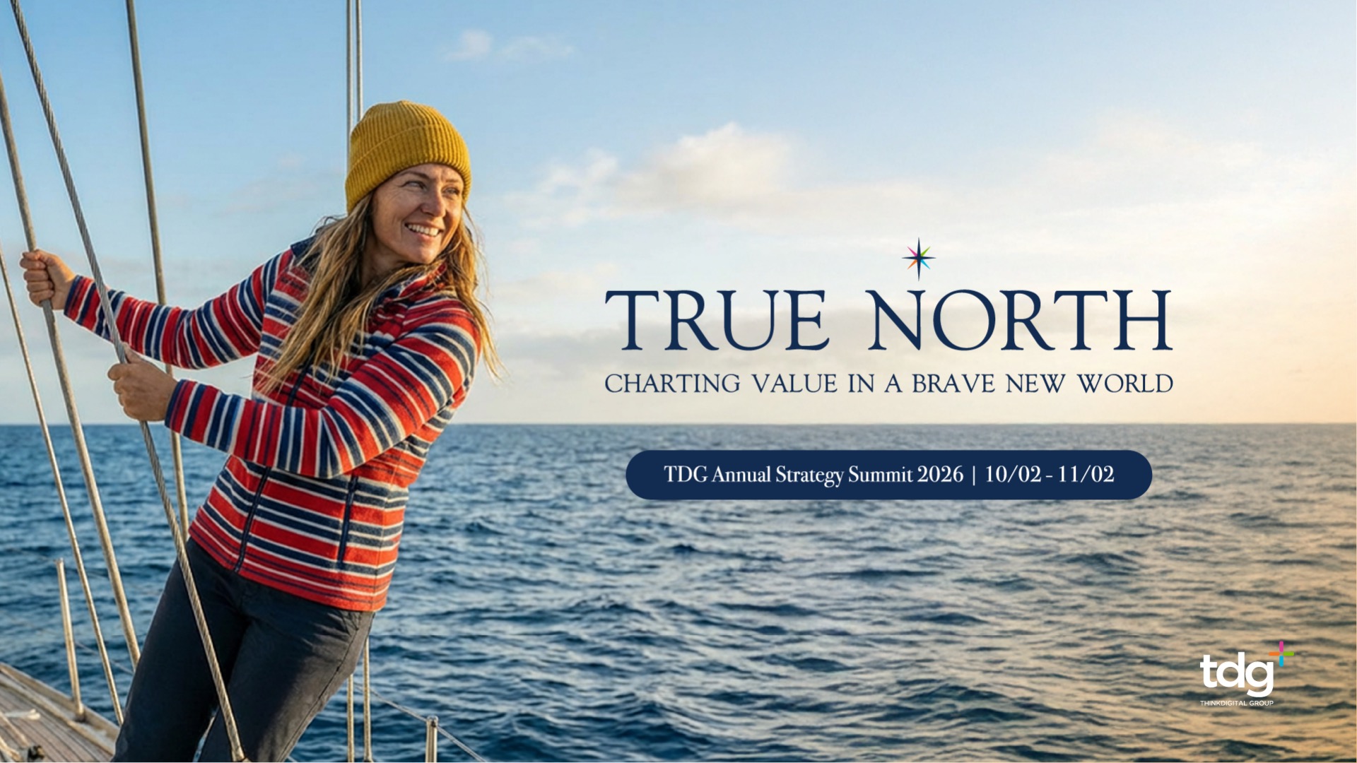 True North PowerPoint cover with a woman sailing and event branding.