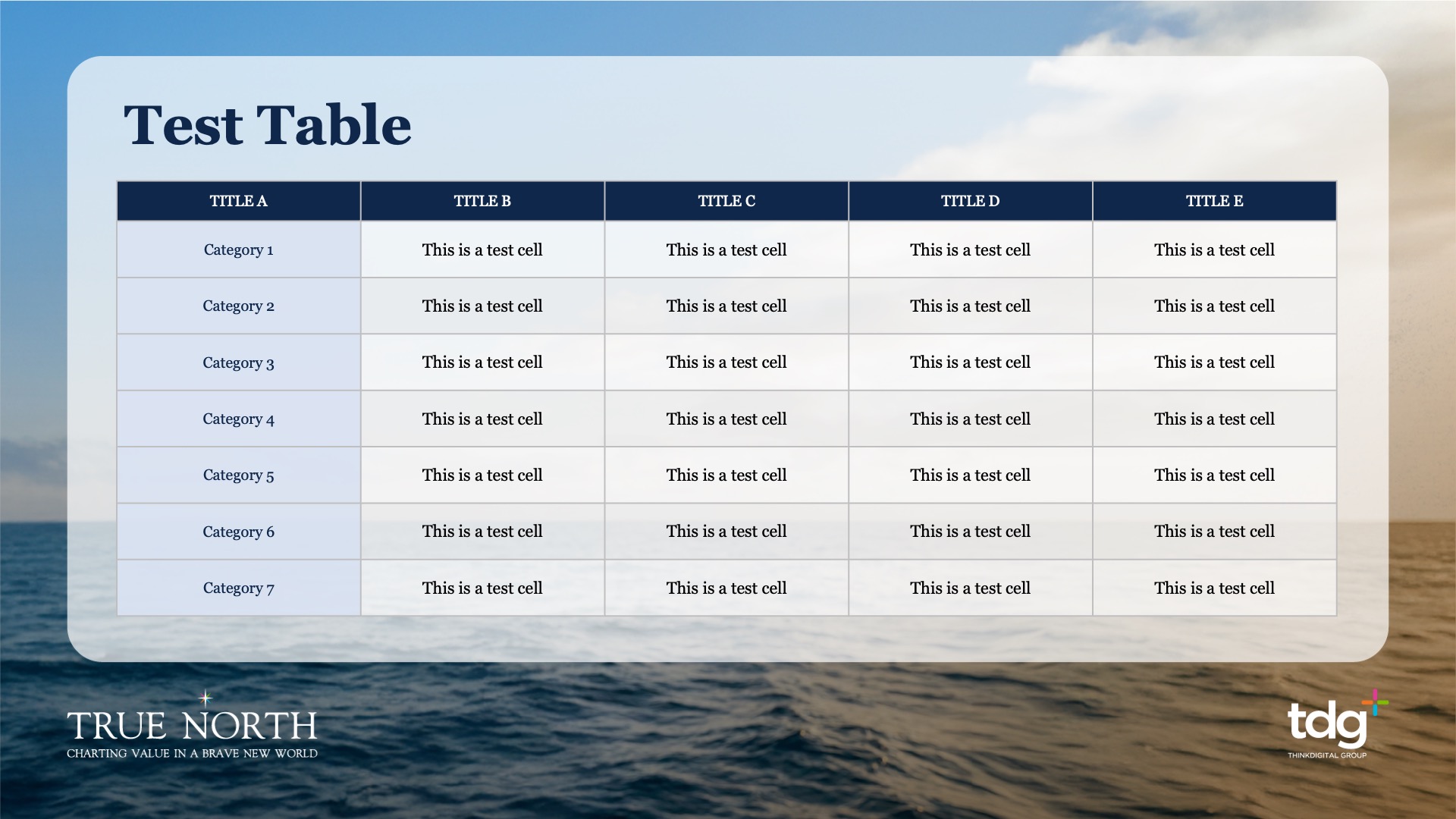 True North PowerPoint table layout with generic categories and test cells.