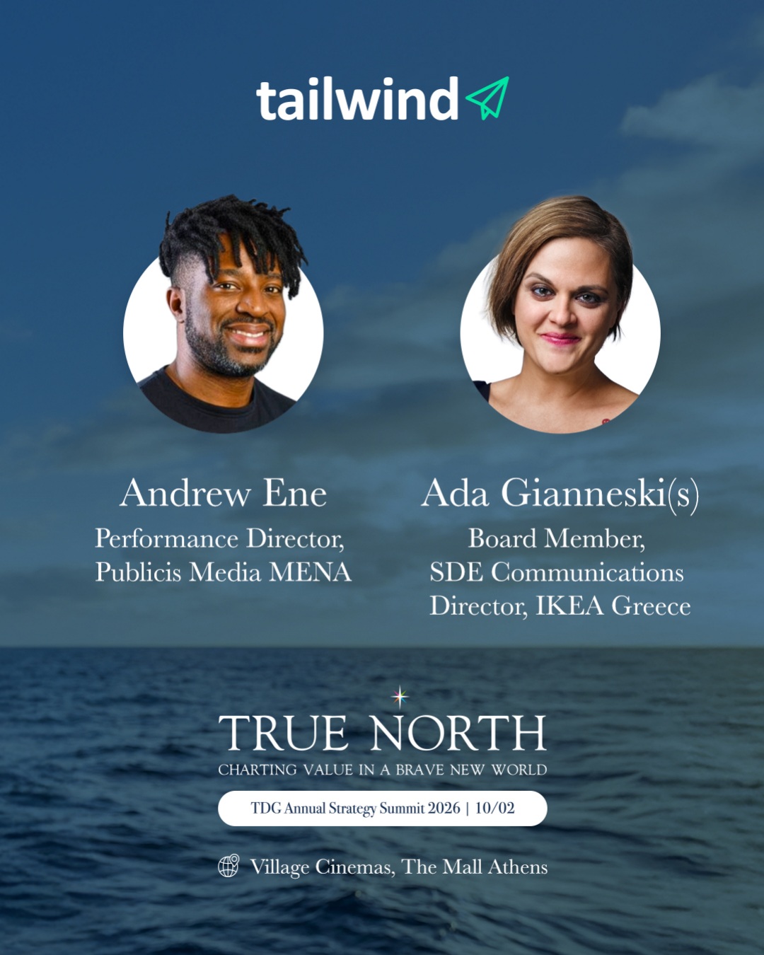 TDG True North Tailwind panel promotion carousel, page 2: Panellists — Andrew Ene and Ada Gianneski.