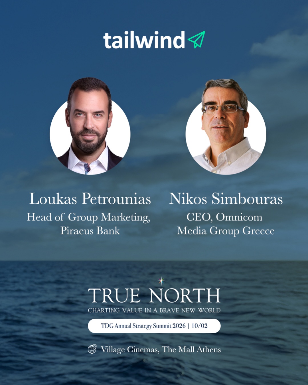 TDG True North Tailwind panel promotion carousel, page 3: Panellists — Loukas Petrounias and Nikos Simbouras.