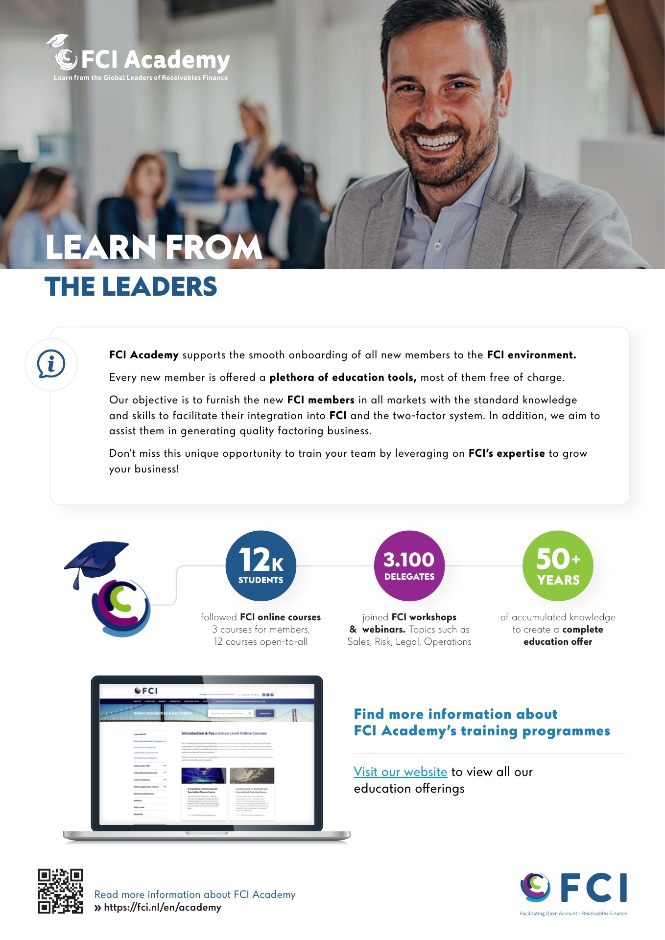 FCI leaflet introducing education support for new members, key figures and the online programme offering.