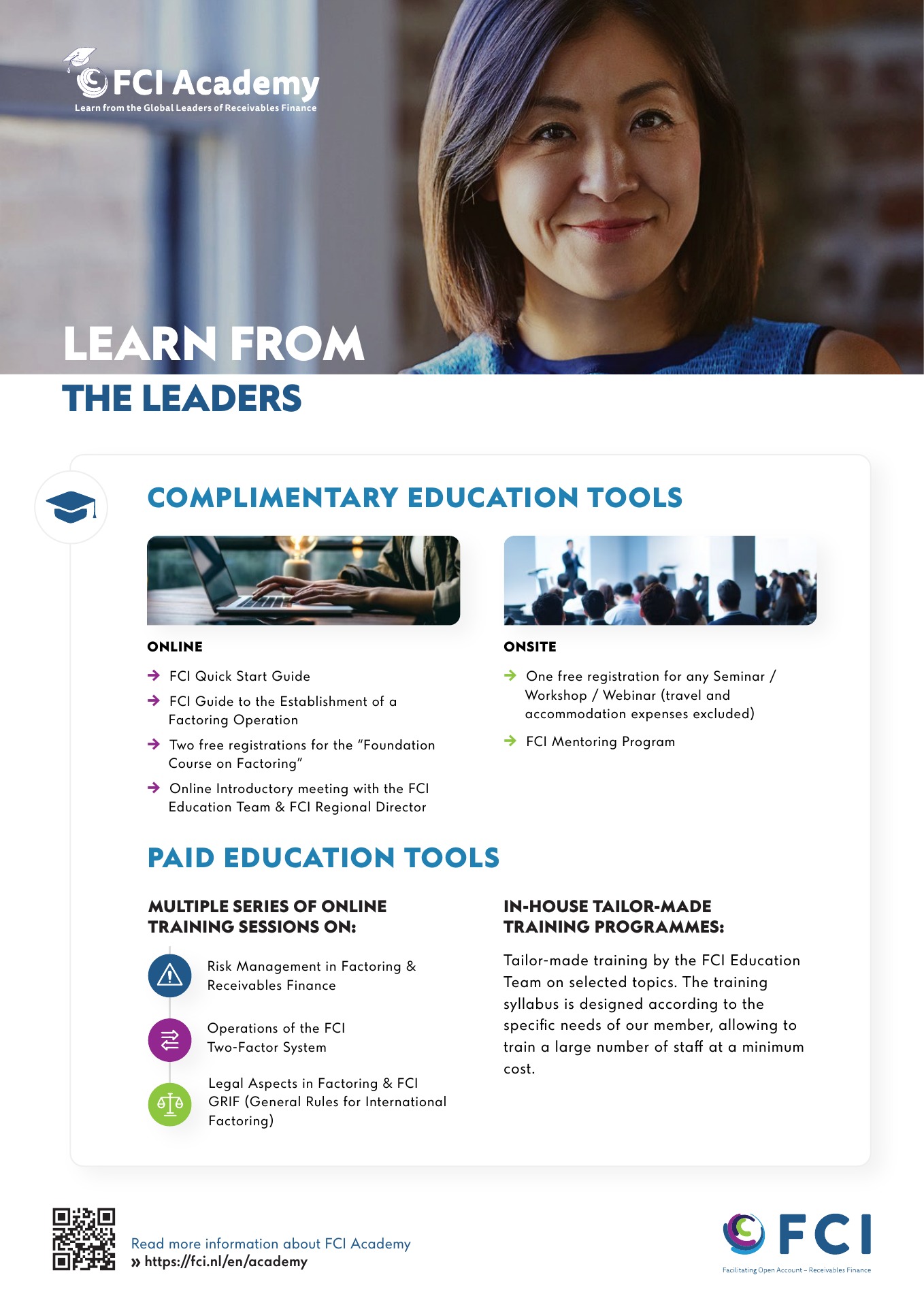 FCI leaflet page distinguishing complimentary education tools and paid training programmes.
