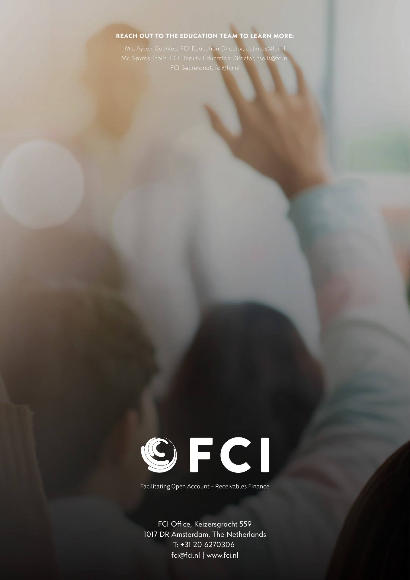 FCI Welcome Education Package back cover with education team contact details and a training photograph.