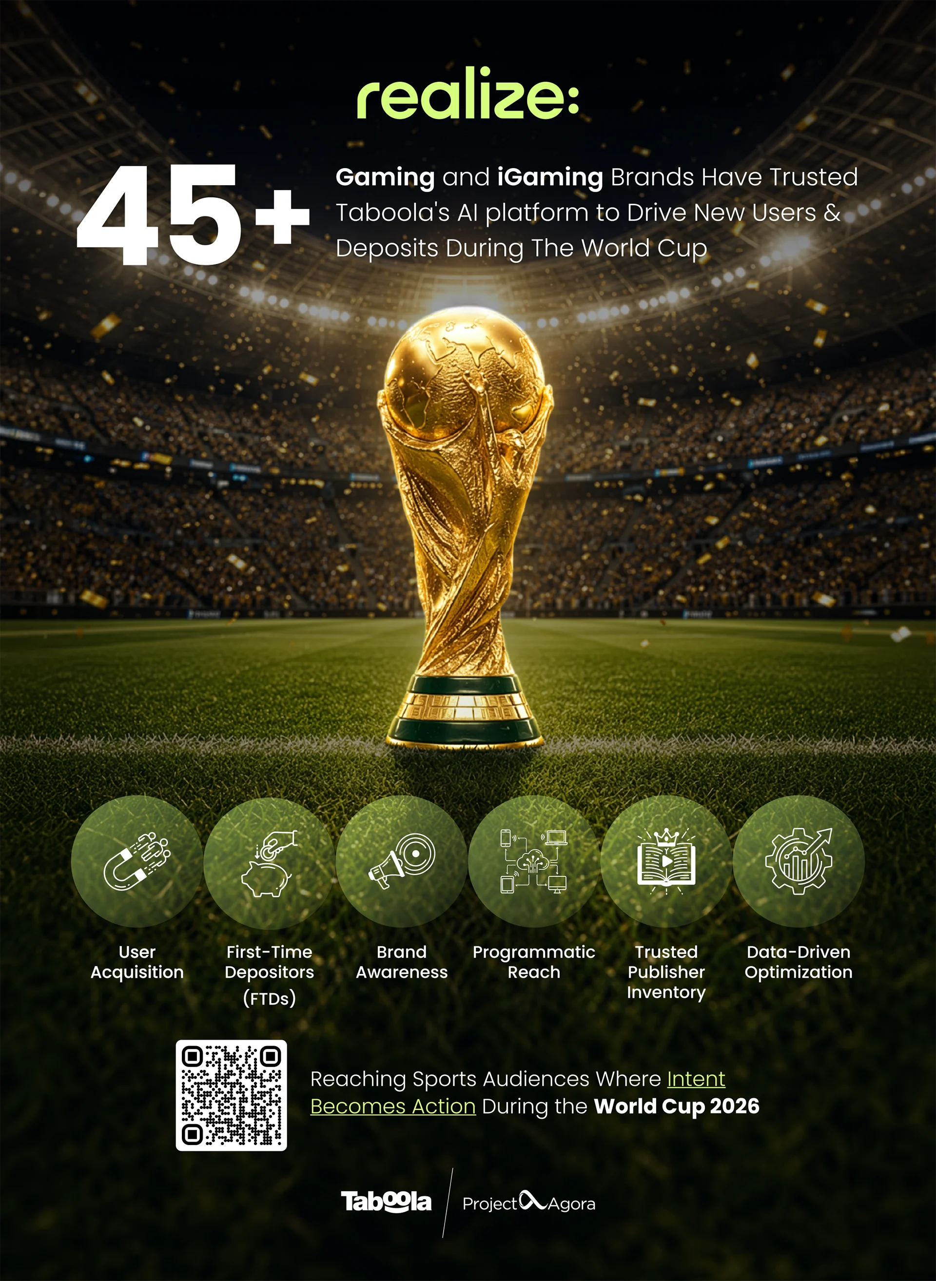 World Cup 2026 advertisement for Taboola and Project Agora, featuring a golden trophy in a stadium.