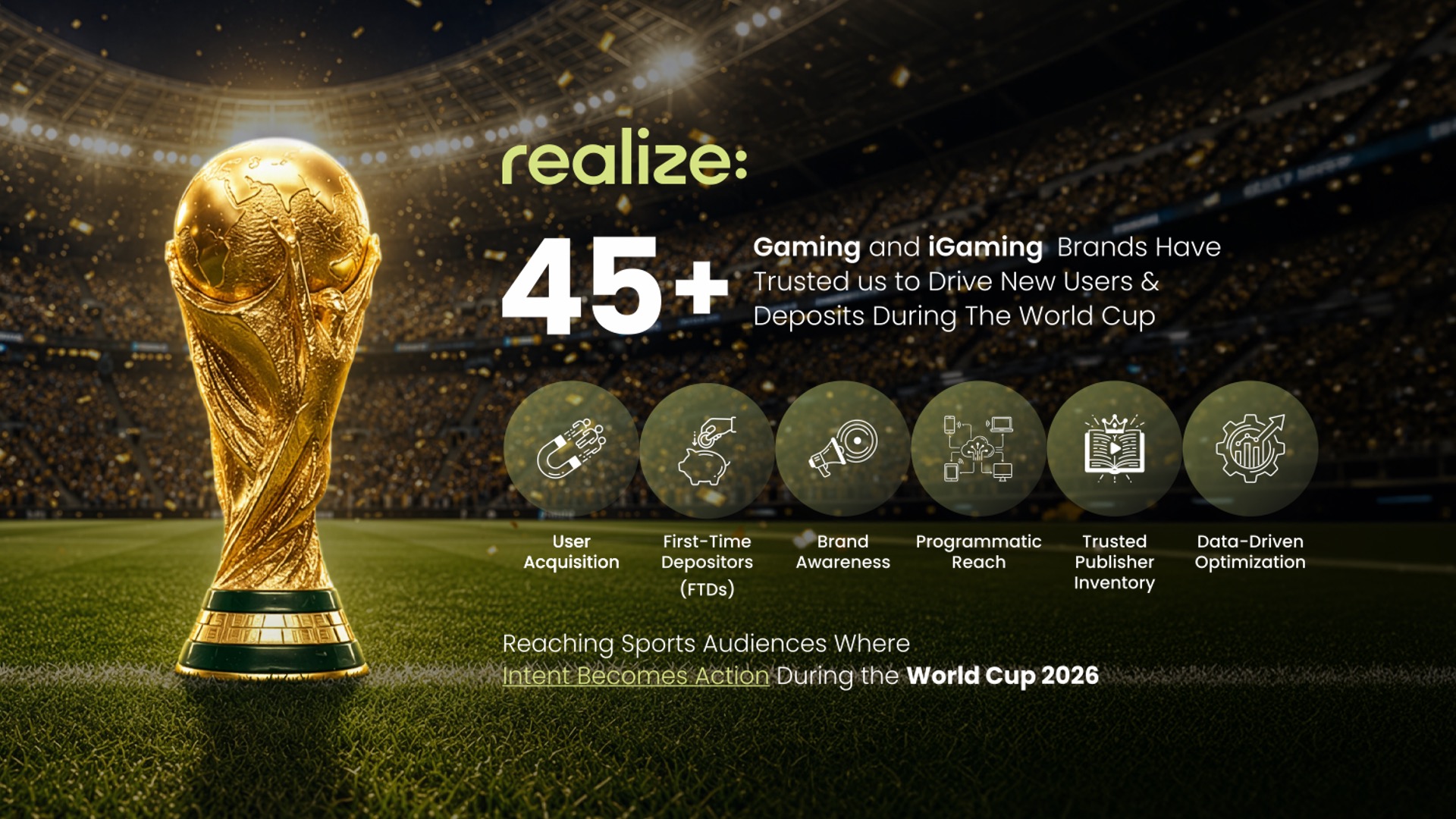 Landscape sales-deck adaptation of the World Cup advertisement, with the trophy on the left and offering details on the right.